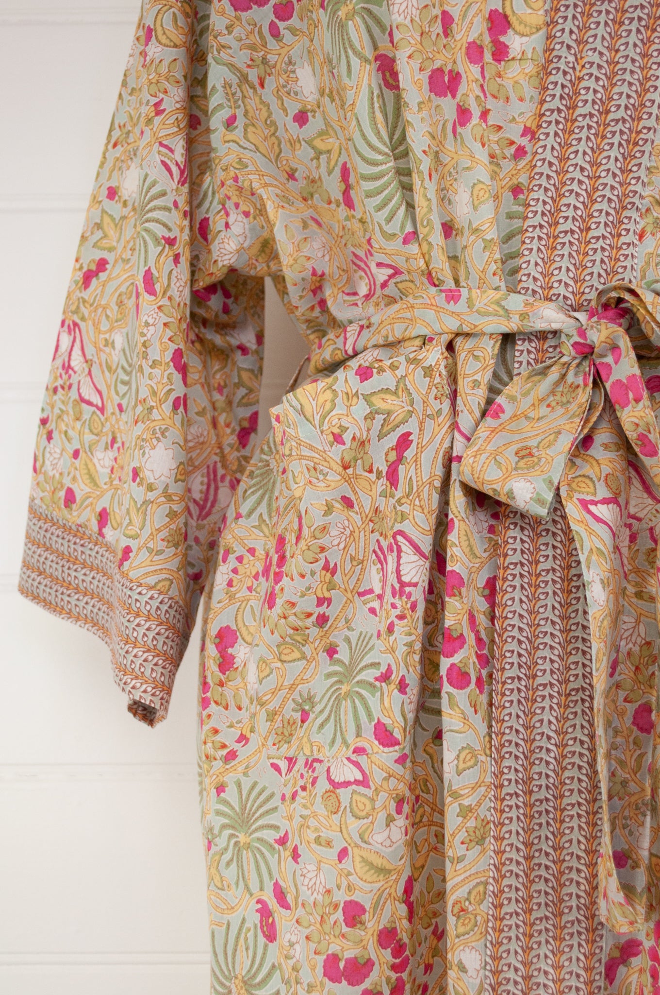 Ethically made, cotton voile kimono robe dressing gown in pale lime green floral print.