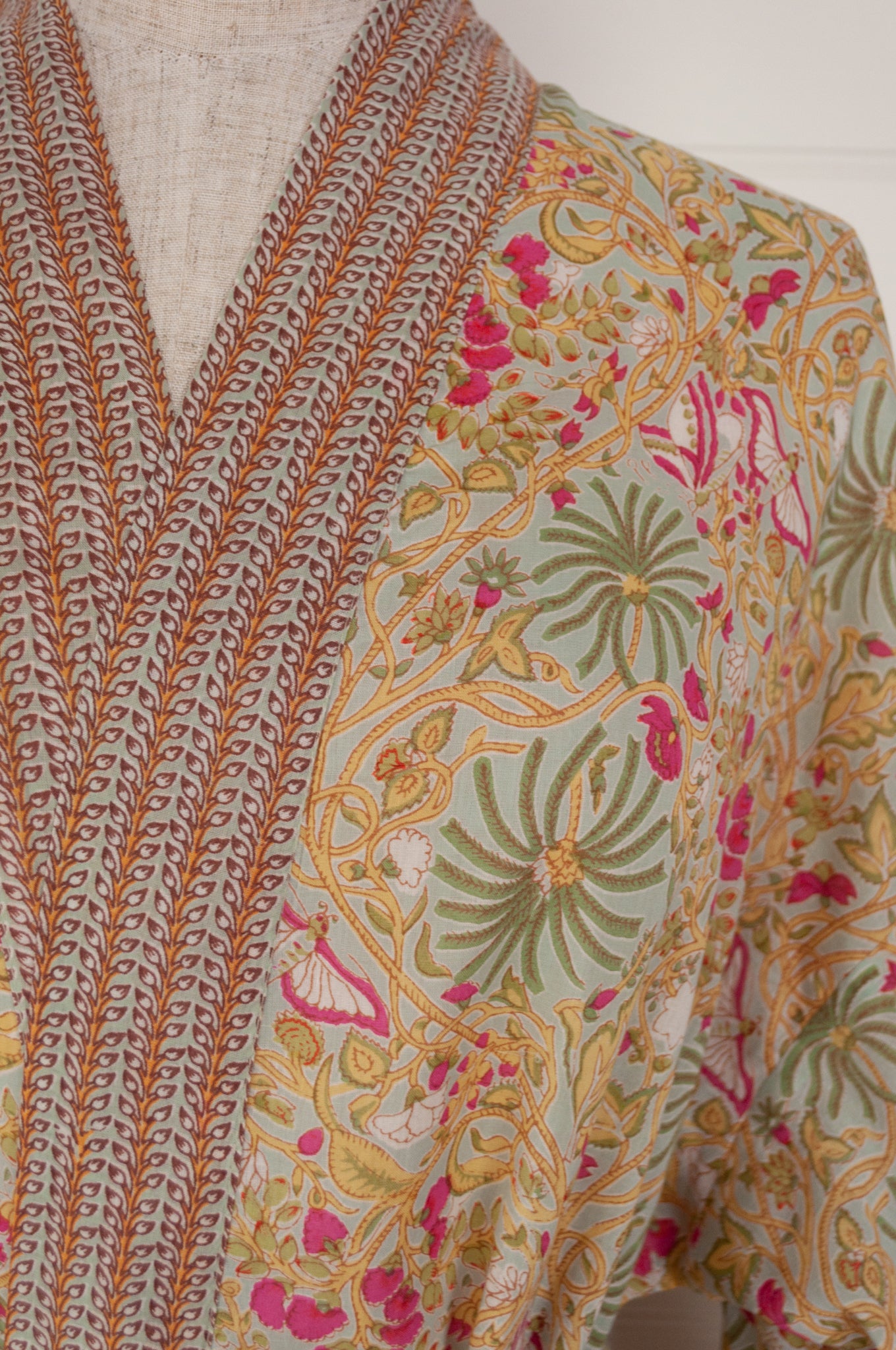 Ethically made, cotton voile kimono robe dressing gown in pale lime green floral print.