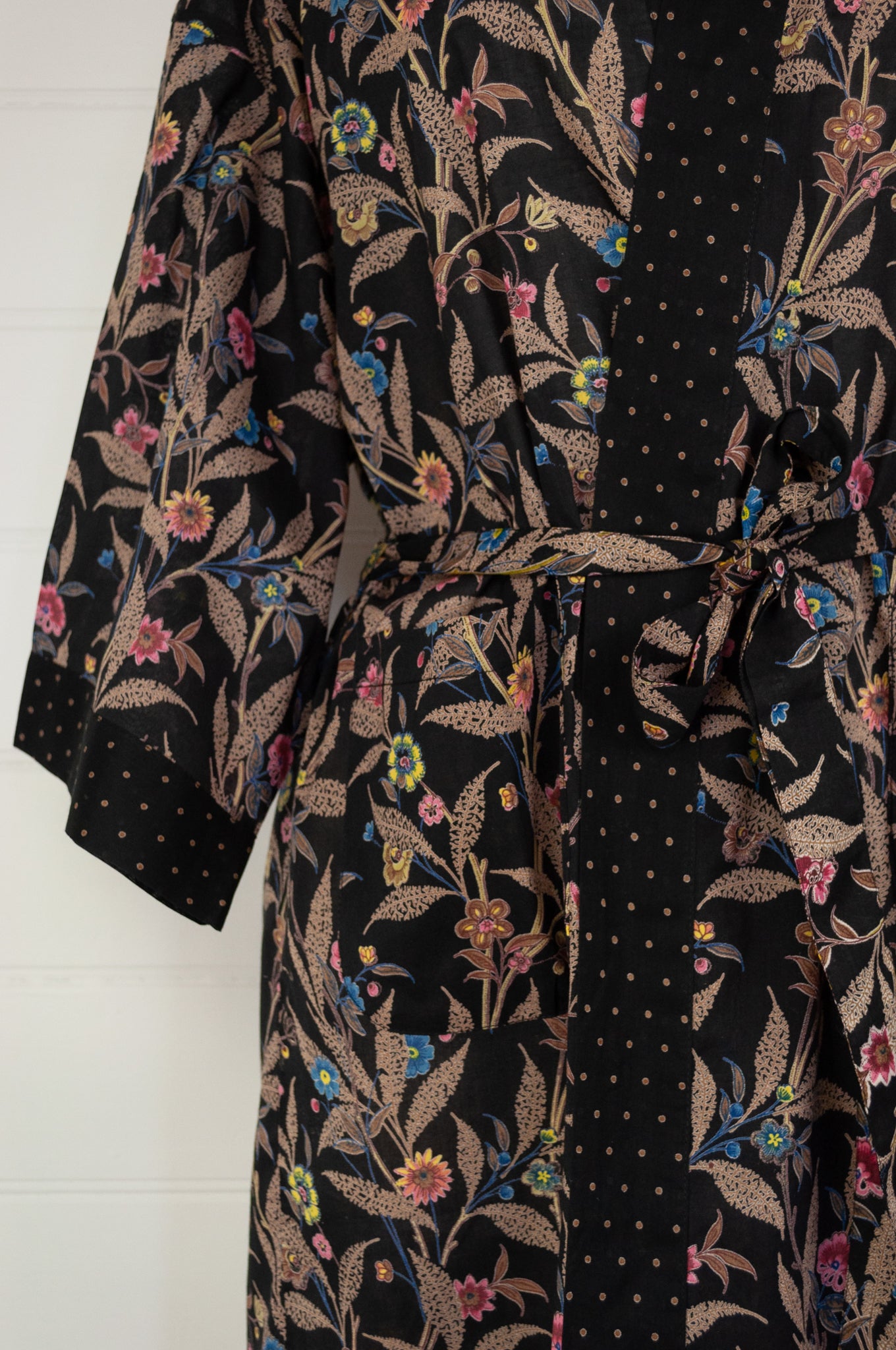 Ethically made, cotton voile kimono robe dressing gown in floral print on black.