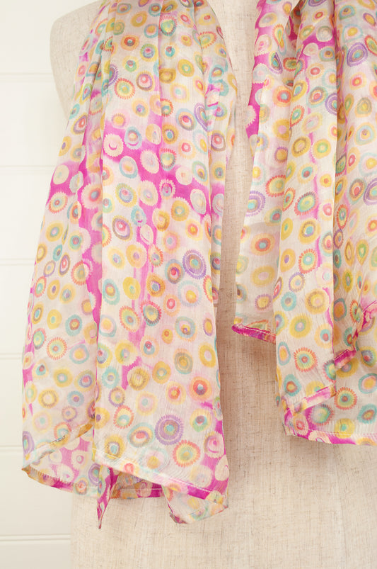 Juniper Hearth spot silk scarf fuchsia pink stripes on vanilla cream background.