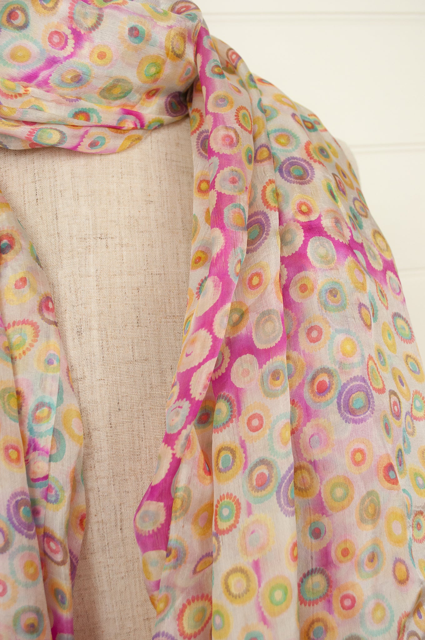 Juniper Hearth spot silk scarf fuchsia pink stripes on vanilla cream background.