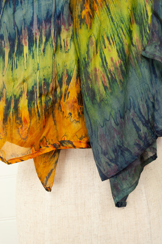 Juniper Hearth digital print tie dye multi stripe rust, smoke blue, lime green.