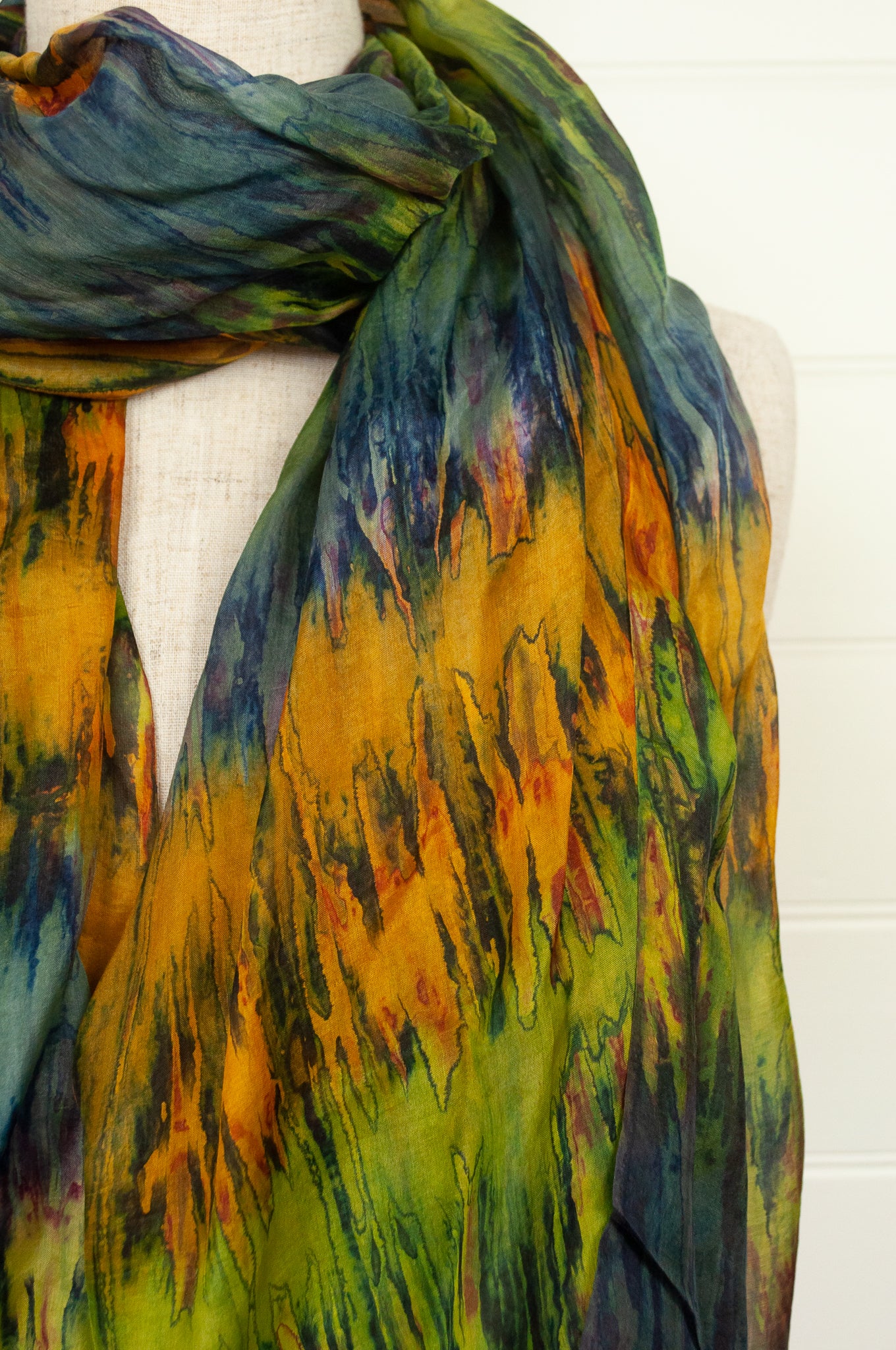 Juniper Hearth digital print tie dye multi stripe rust, smoke blue, lime green.