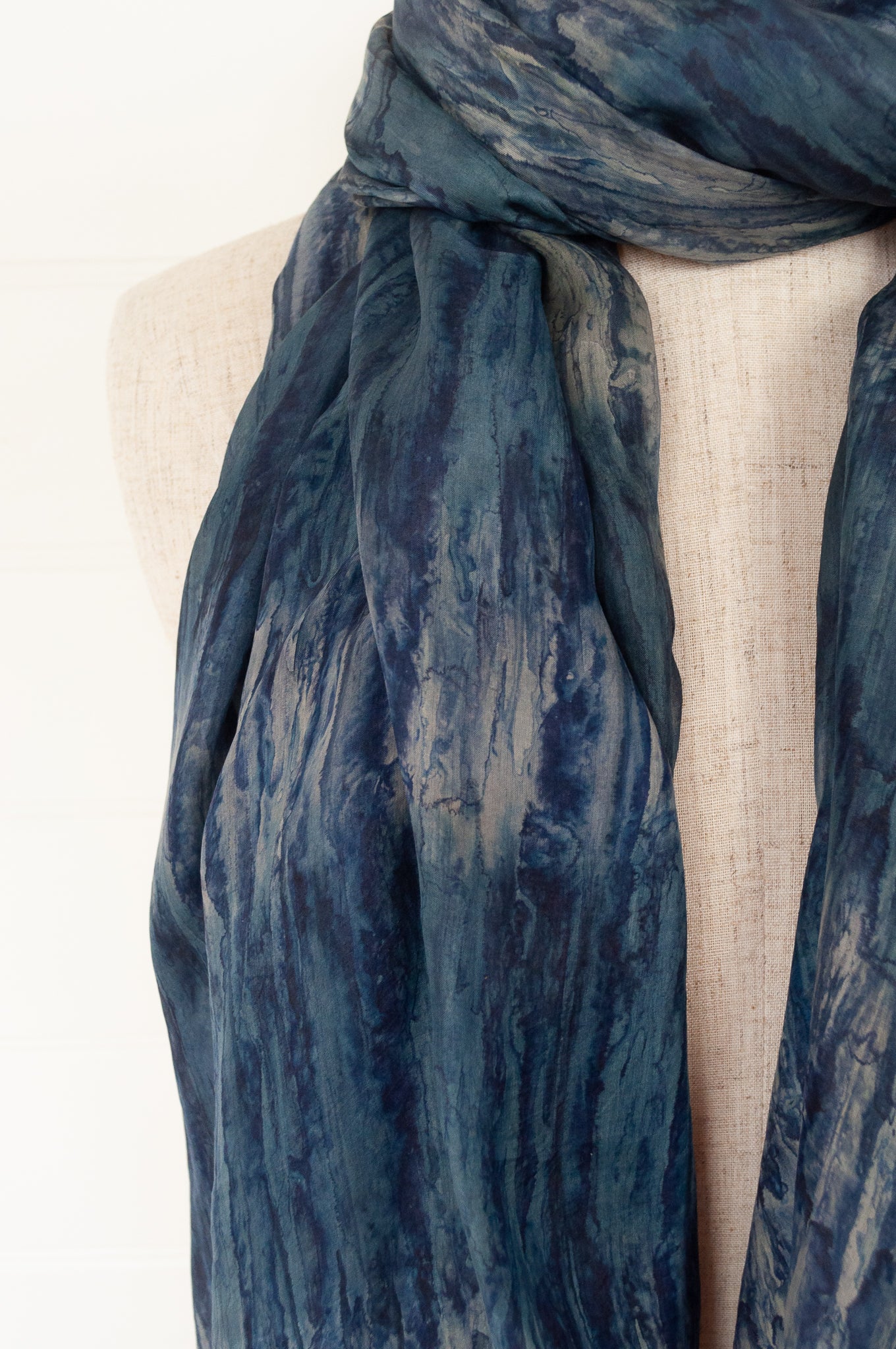 Juniper Hearth digital print tie dye silk scarf in denim and silver.