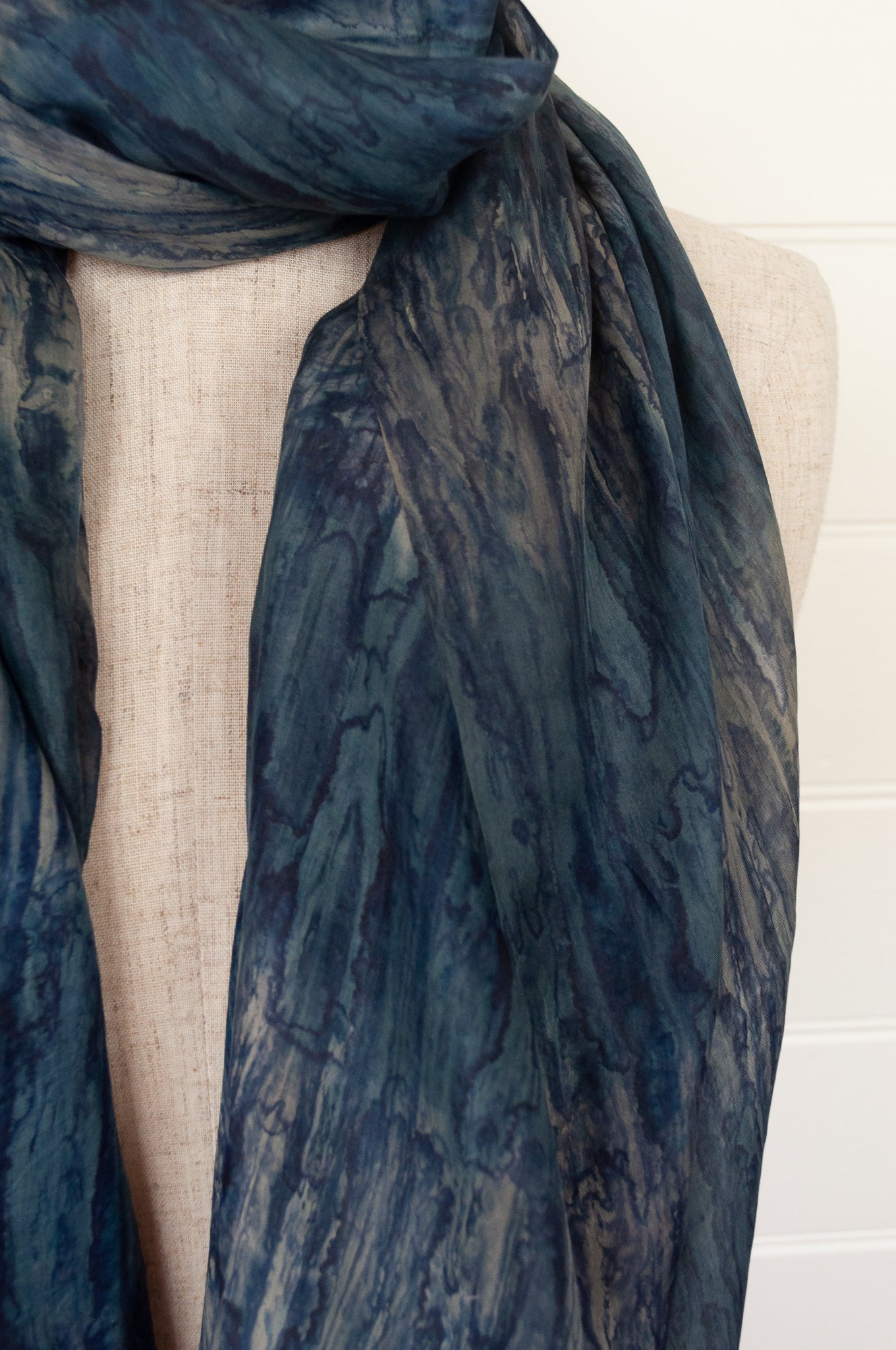 Juniper Hearth digital print tie dye silk scarf in denim and silver.