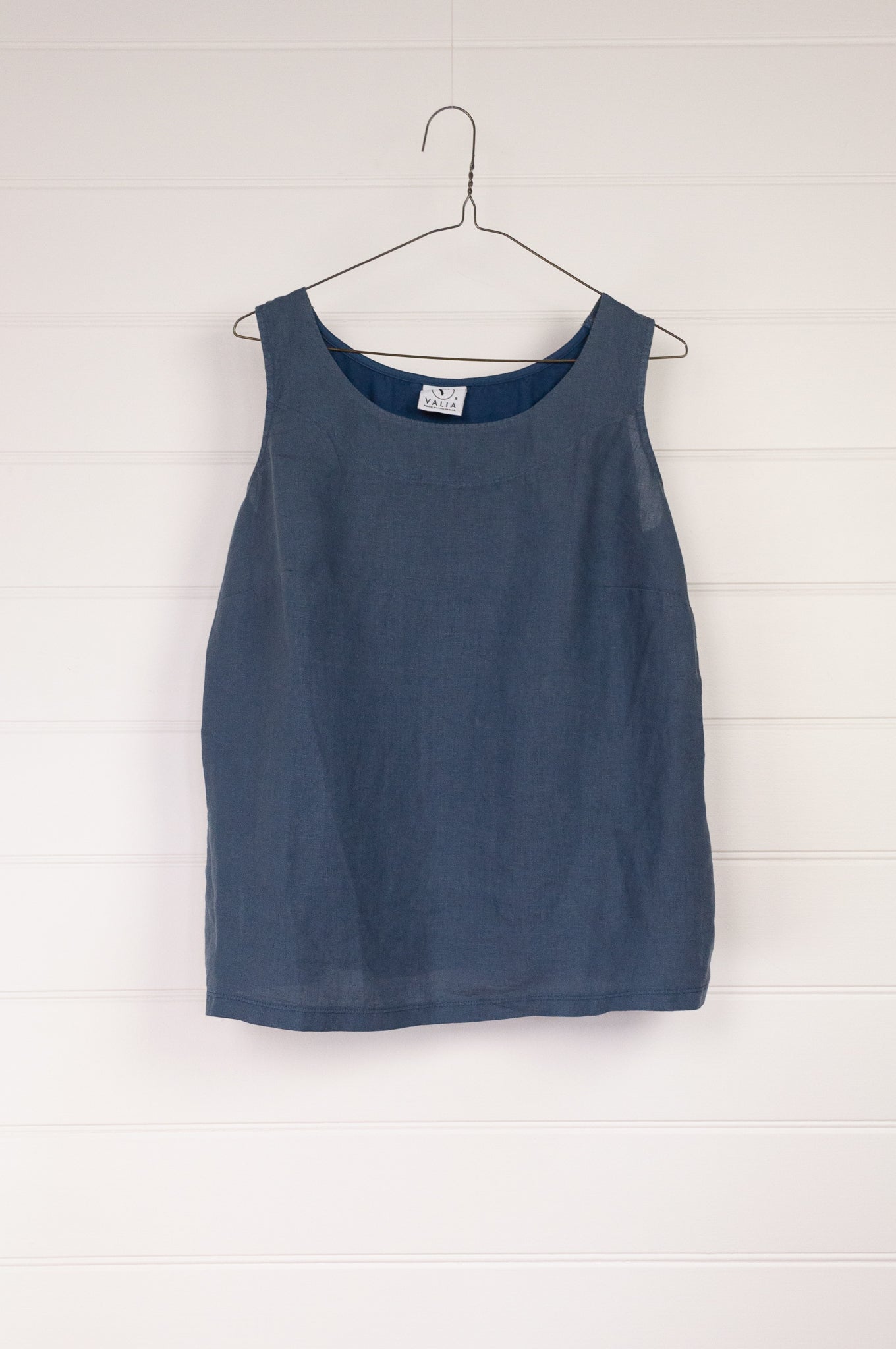 Valia made in Melbourne European linen and cotton knit Eva sleeveless tank singlet in Sloe mid blue.