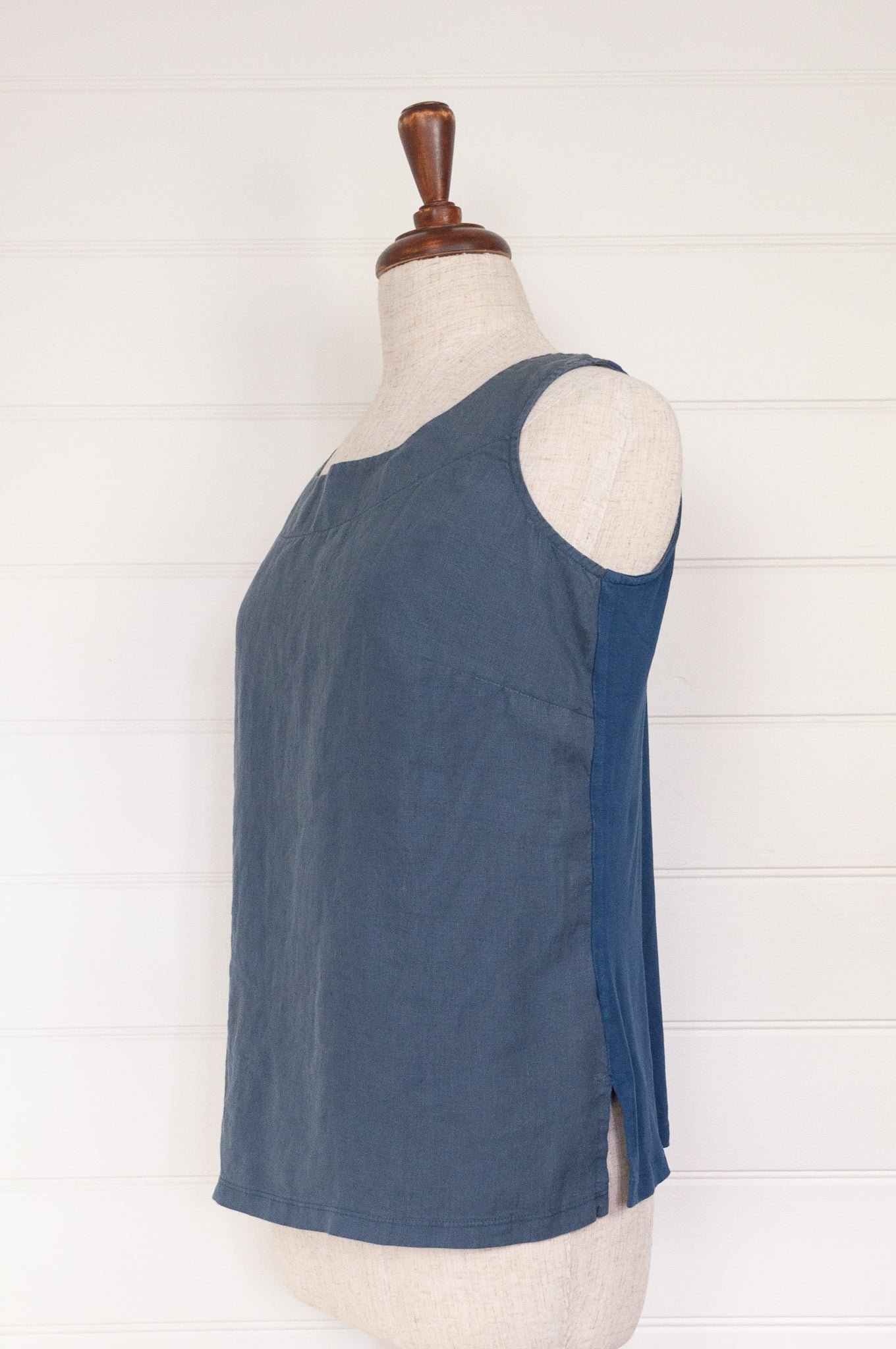 Valia made in Melbourne European linen and cotton knit Eva sleeveless tank singlet in Sloe mid blue.