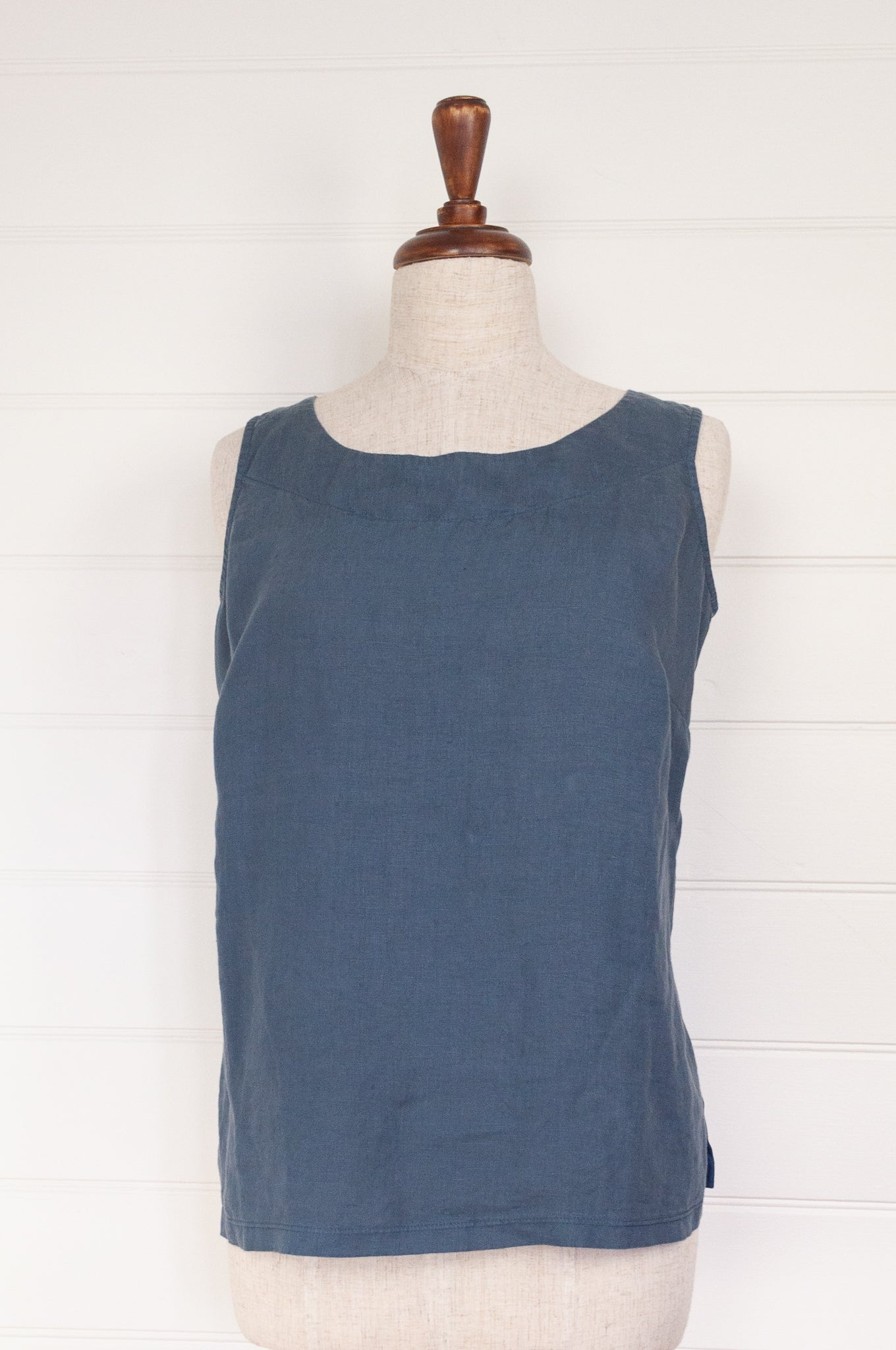 Valia made in Melbourne European linen and cotton knit Eva sleeveless tank singlet in Sloe mid blue.