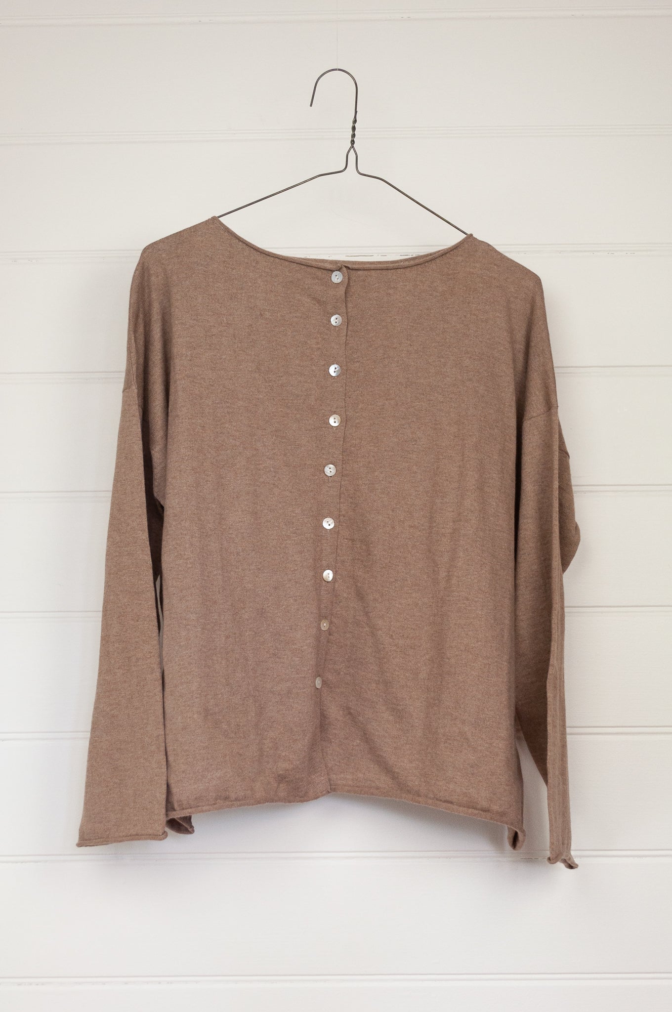 One size V-neck slouchy cashmere cotton summer reversible cardigan in soft nutmeg brown.