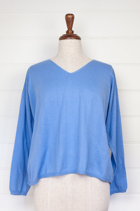 One size V-neck slouchy cashmere cotton summer sweater in sky blue.