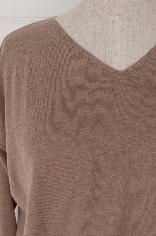 One size V-neck slouchy cashmere cotton summer sweater in soft nutmeg brown.