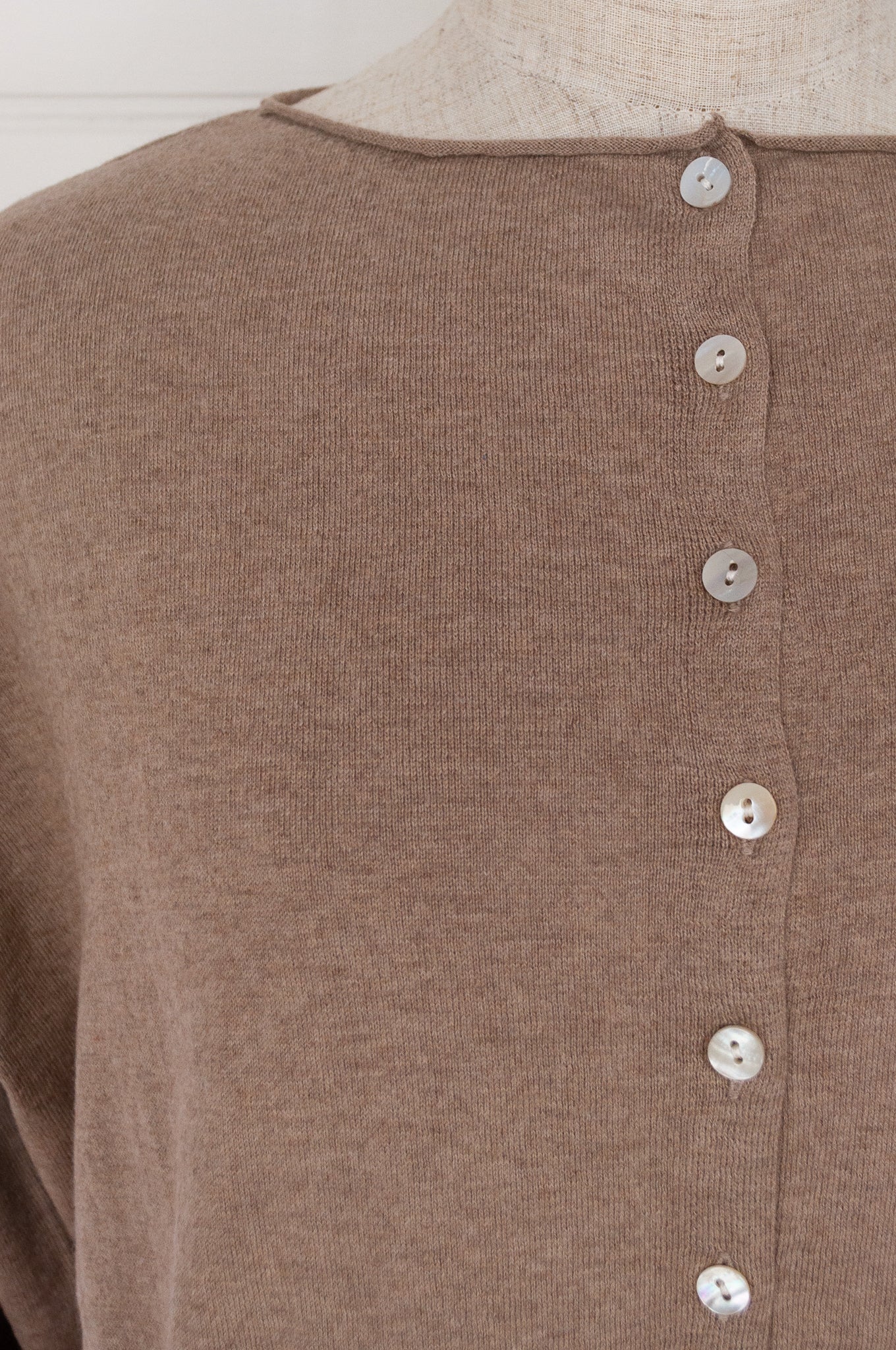 One size V-neck slouchy cashmere cotton summer reversible cardigan in soft nutmeg brown.