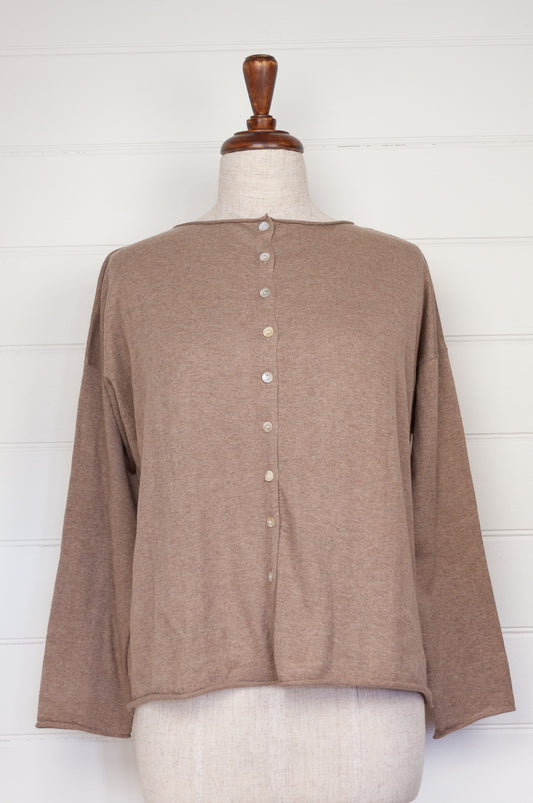 One size V-neck slouchy cashmere cotton summer reversible cardigan in soft nutmeg brown.