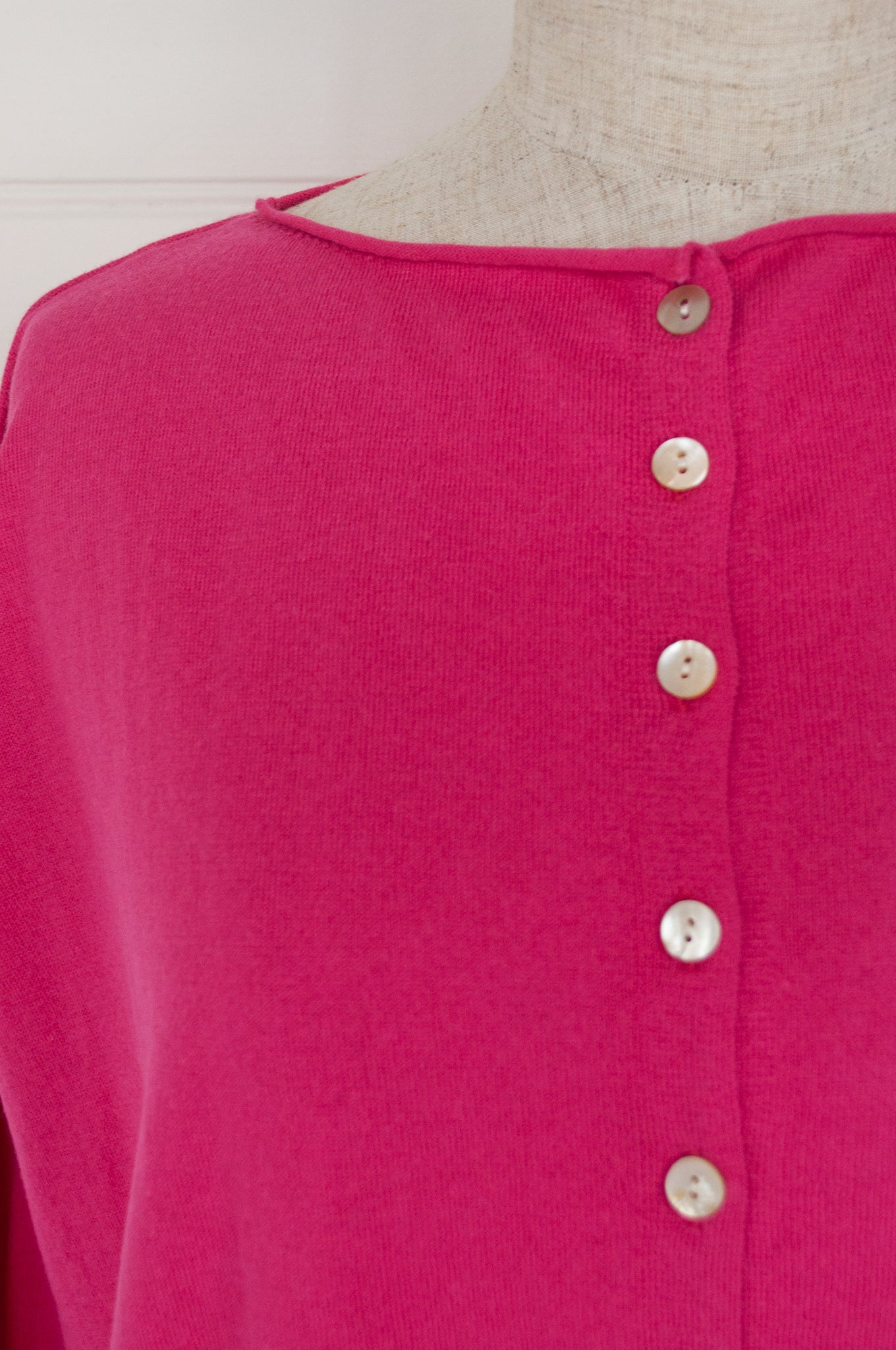 One size V-neck slouchy cashmere cotton summer reversible cardigan in bright rose pink.