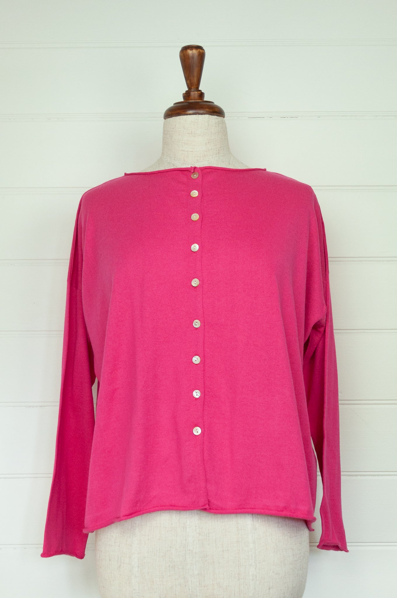 One size V-neck slouchy cashmere cotton summer reversible cardigan in bright rose pink.
