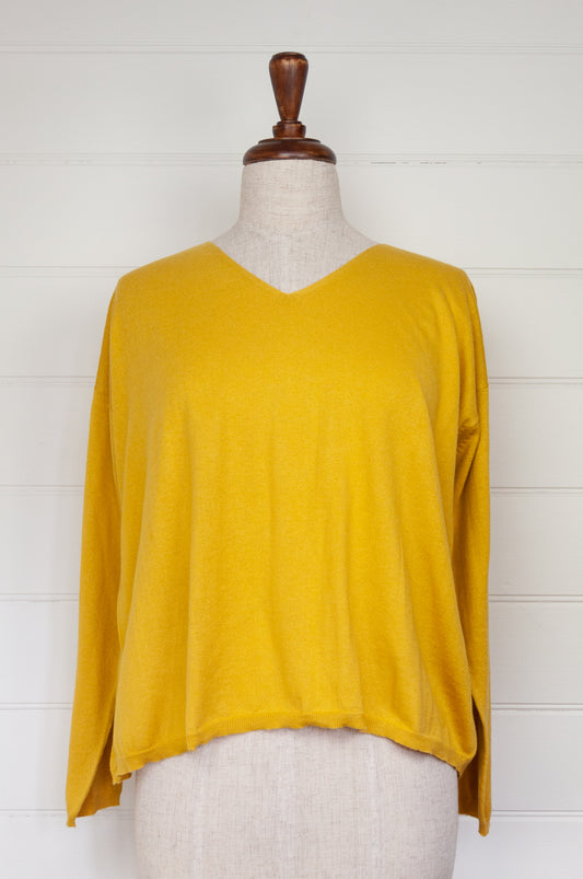 One size V-neck slouchy cashmere cotton summer sweater in buttercup yellow.