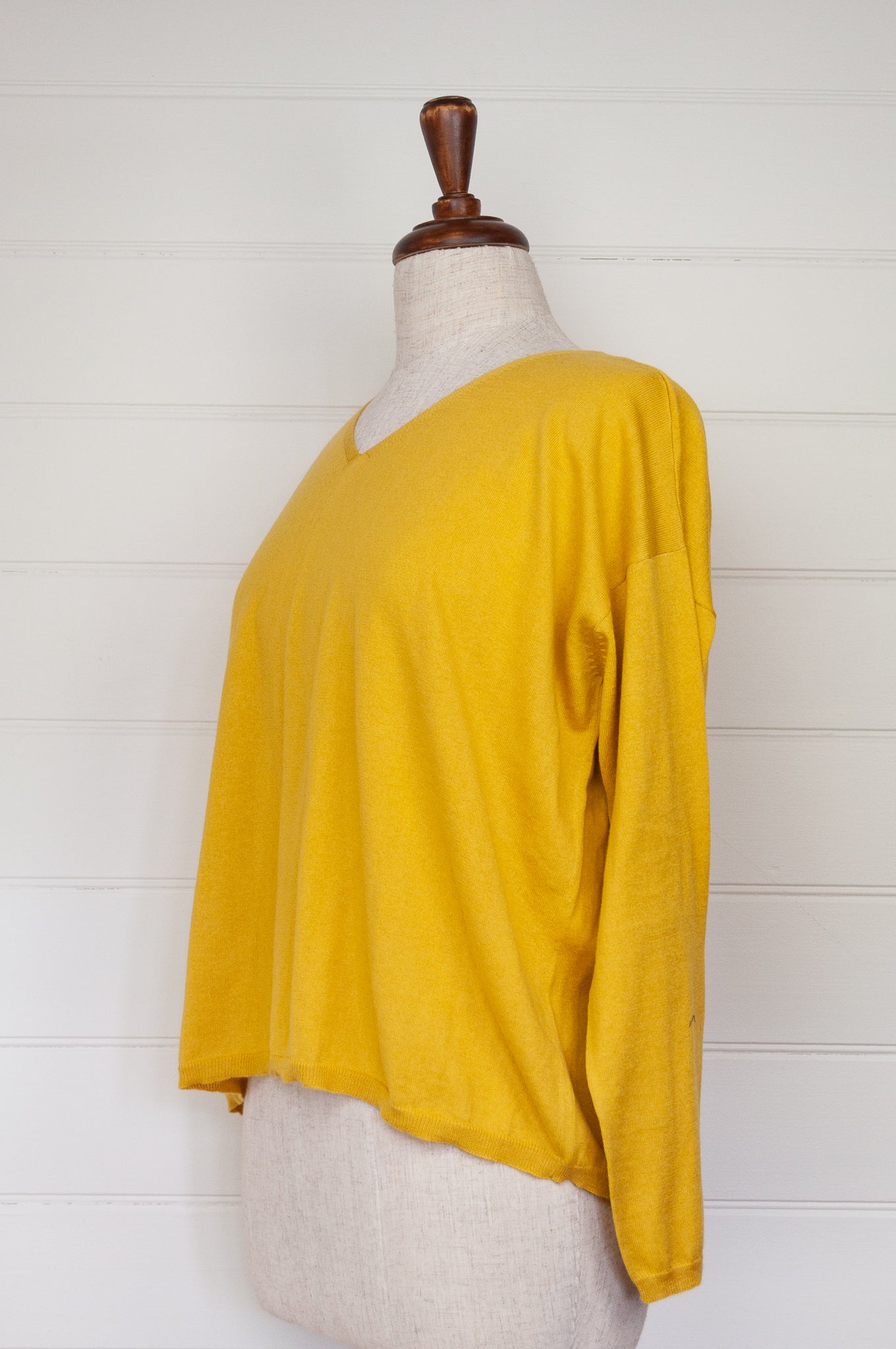 One size V-neck slouchy cashmere cotton summer sweater in buttercup yellow.