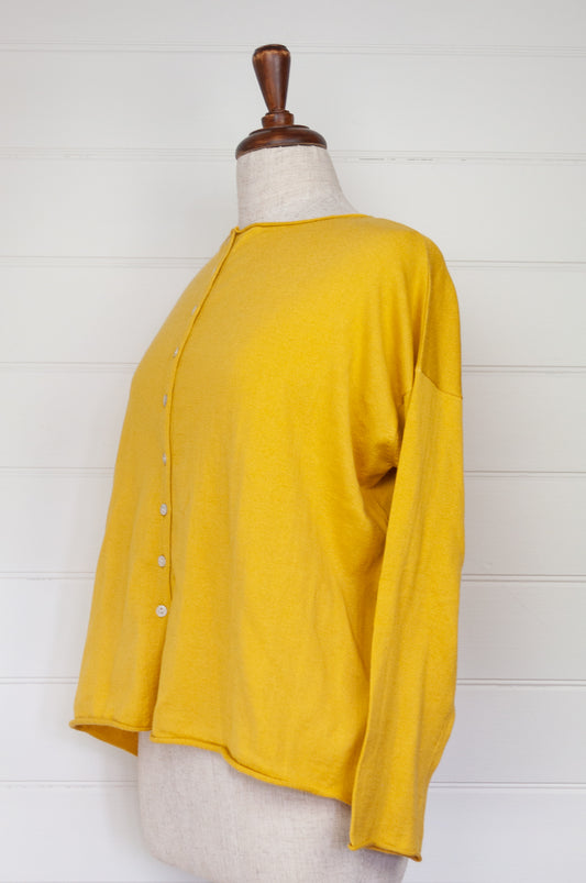 One size V-neck slouchy cashmere cotton summer reversible cardigan in buttercup yellow.