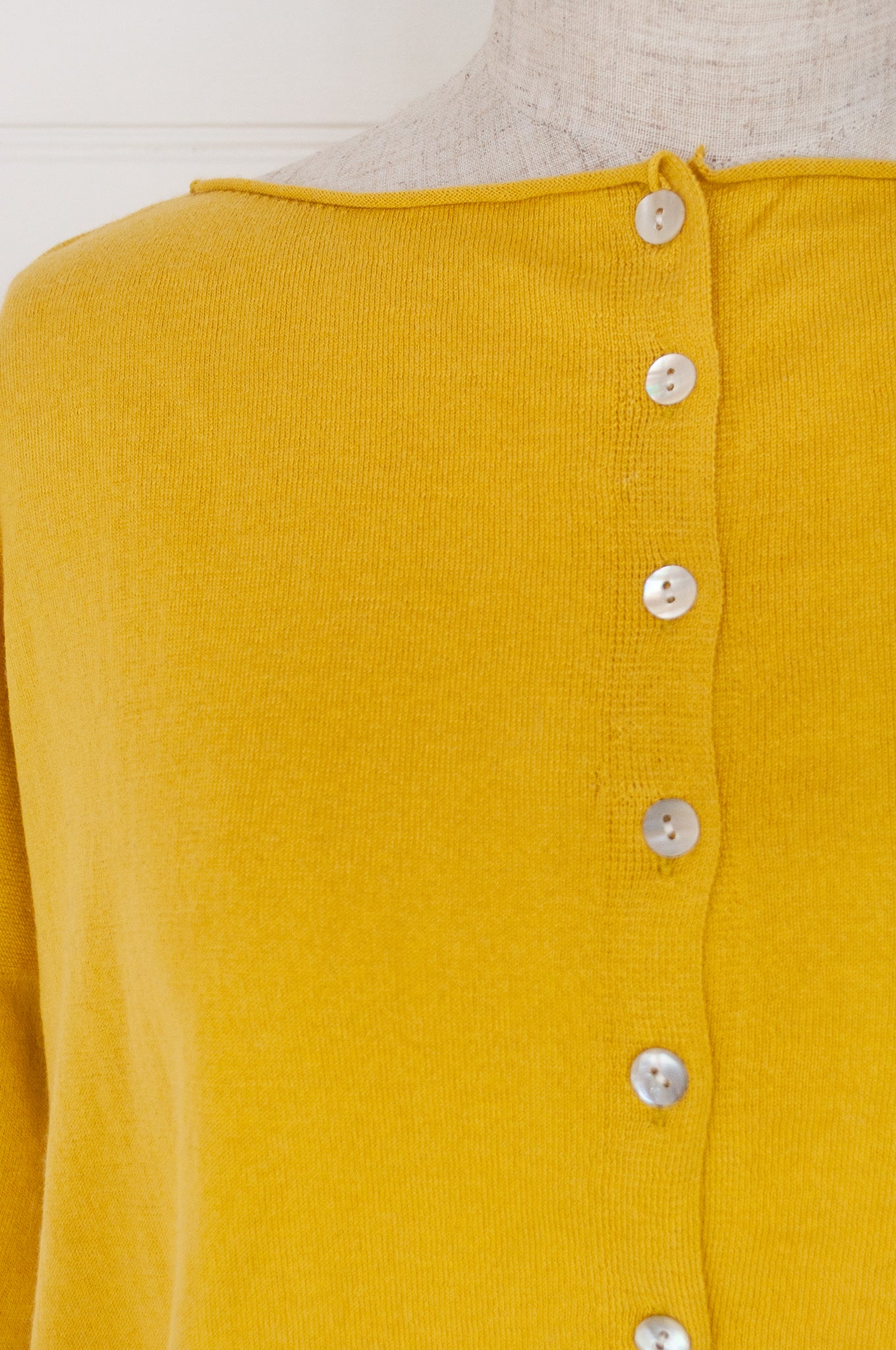 One size V-neck slouchy cashmere cotton summer reversible cardigan in buttercup yellow.