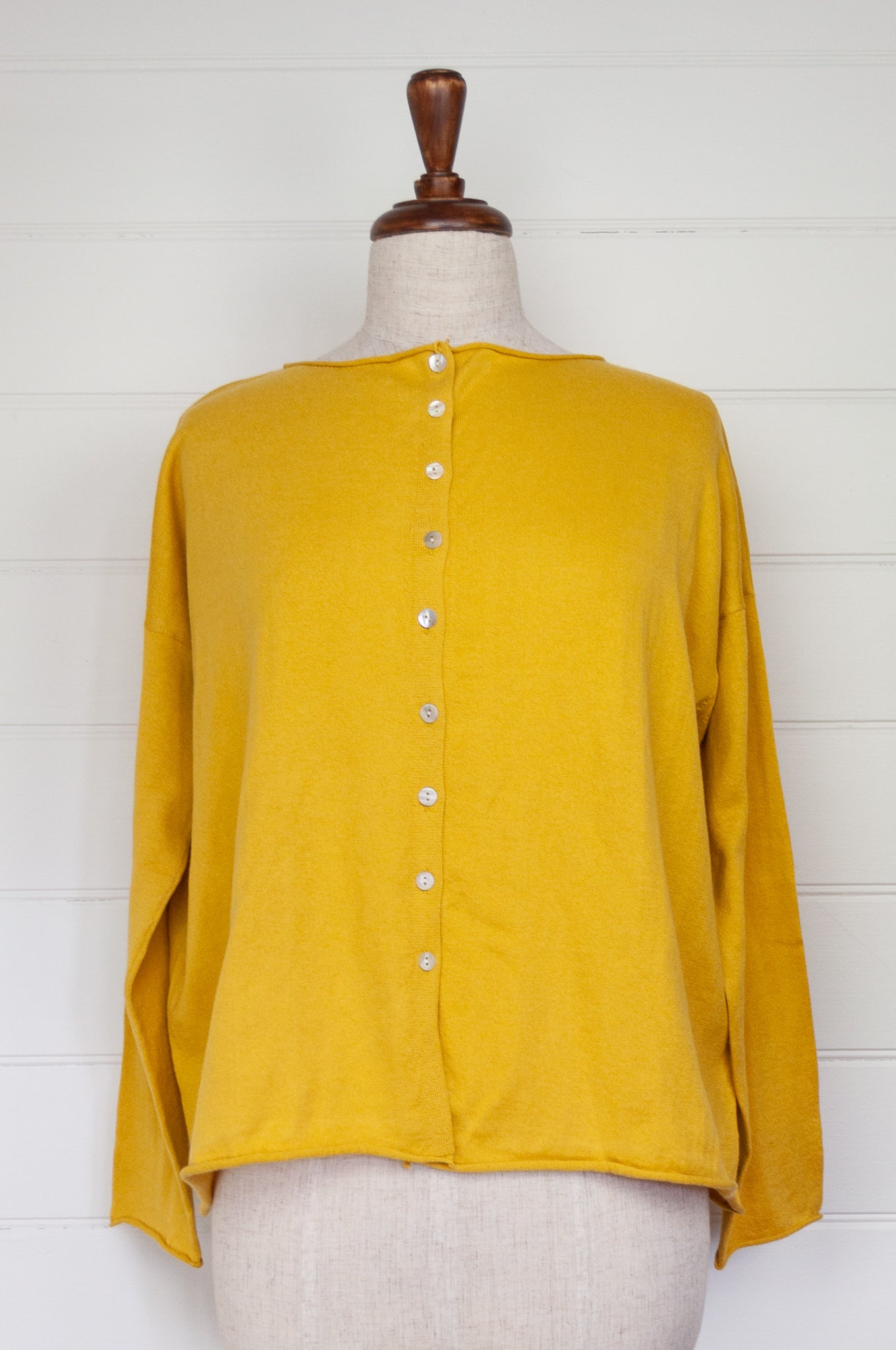 One size V-neck slouchy cashmere cotton summer reversible cardigan in buttercup yellow.