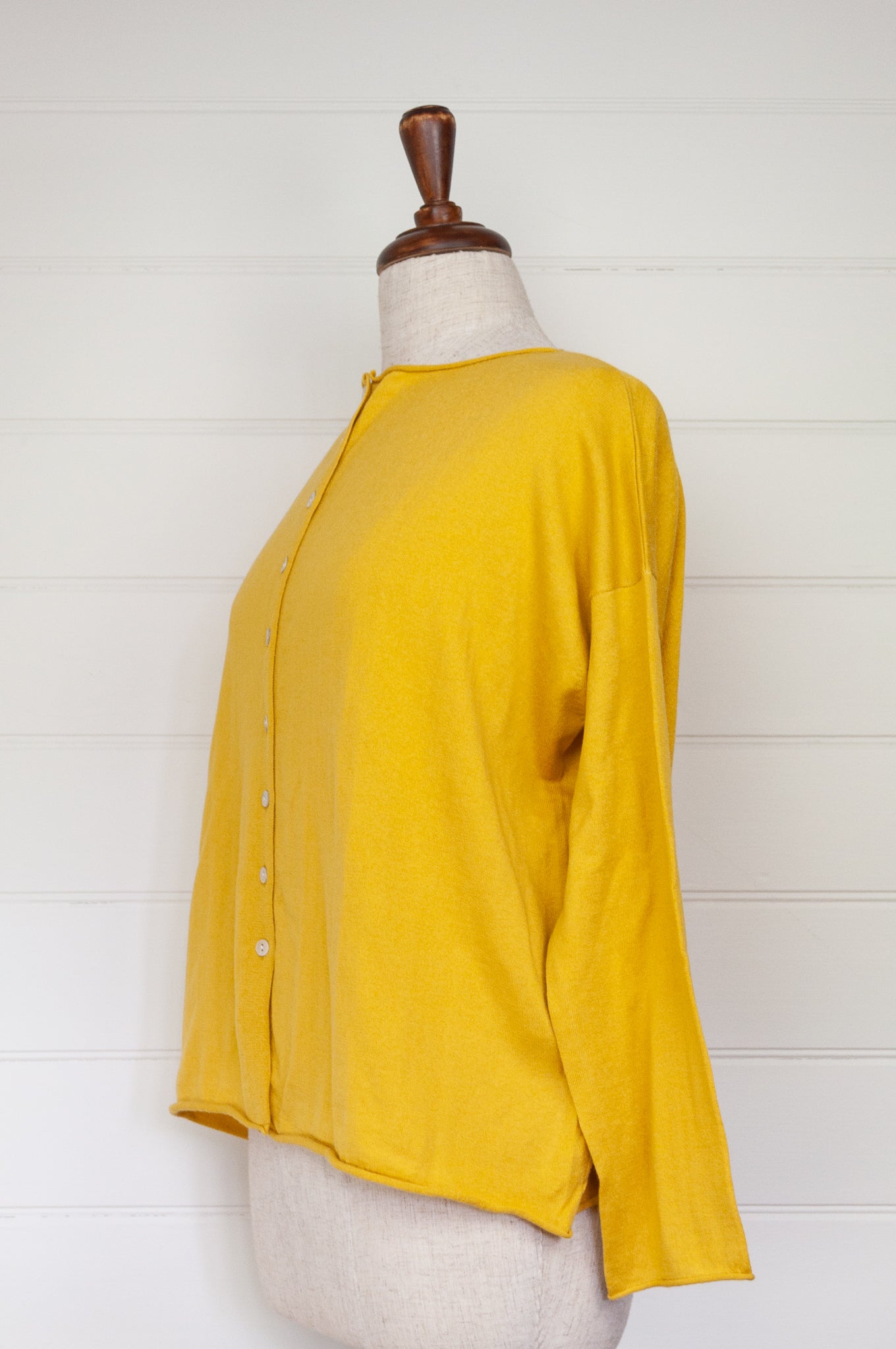 One size V-neck slouchy cashmere cotton summer reversible cardigan in buttercup yellow.