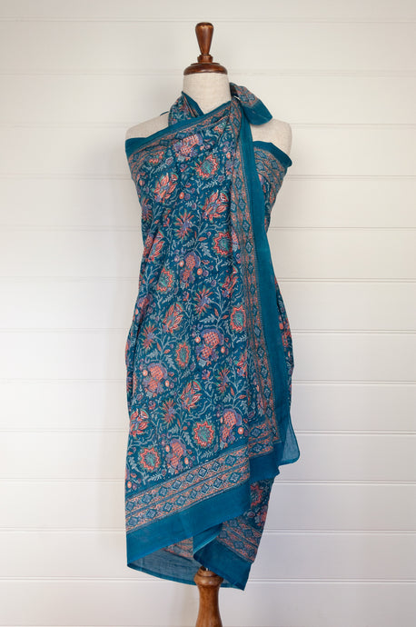 JH cotton voile sarong wrap scarf in teal floral with highlights in coral.
