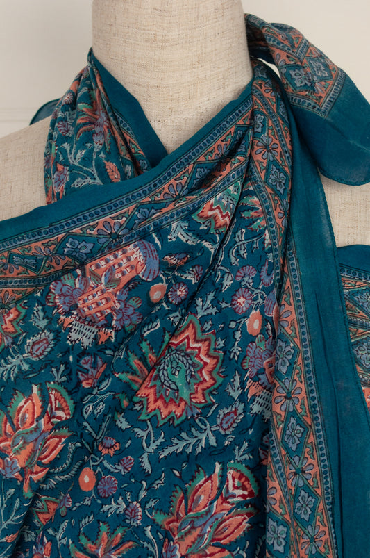 JH cotton voile sarong wrap scarf in teal floral with highlights in coral.