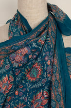 Load image into Gallery viewer, JH cotton voile sarong wrap scarf in teal floral with highlights in coral.