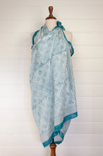 Load image into Gallery viewer, JH cotton voile sarong wrap scarf in aqua and white fan print.