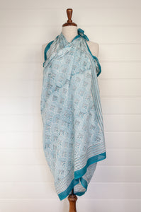 JH cotton voile sarong wrap scarf in aqua and white fan print.