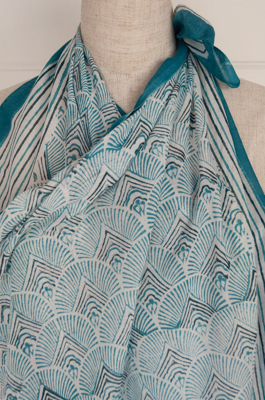 JH cotton voile sarong wrap scarf in aqua and white fan print.