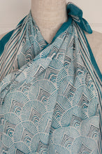 Load image into Gallery viewer, JH cotton voile sarong wrap scarf in aqua and white fan print.