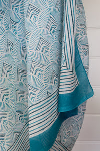 JH cotton voile sarong wrap scarf in aqua and white fan print.