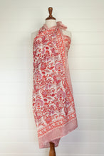 Load image into Gallery viewer, JH cotton voile sarong wrap scarf in tangerine orange and pink floral on white.