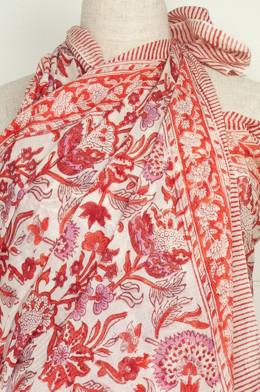 JH cotton voile sarong wrap scarf in tangerine orange and pink floral on white.