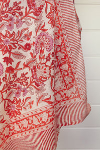 JH cotton voile sarong wrap scarf in tangerine orange and pink floral on white.