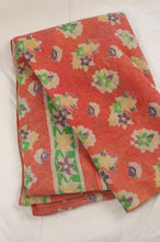 Load image into Gallery viewer, VIntage kantha quilt upcycled from cottonn saris, handstitched, in bright orange, green and yellow floral.
