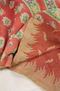 VIntage kantha quilt upcycled from cottonn saris, handstitched, in bright orange, green and yellow floral.
