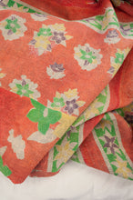 Load image into Gallery viewer, VIntage kantha quilt upcycled from cottonn saris, handstitched, in bright orange, green and yellow floral.