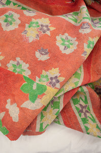 VIntage kantha quilt upcycled from cottonn saris, handstitched, in bright orange, green and yellow floral.