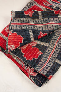 Vintage kantha quilt upcycled from cottonn saris, handstitched, in dramatic red white and blue floral with co-ordinating paisley in red white and soft green.
