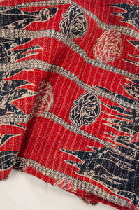 Vintage kantha quilt upcycled from cottonn saris, handstitched, in dramatic red white and blue floral with co-ordinating paisley in red white and soft green.