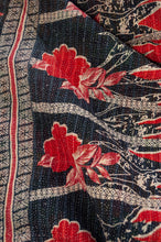 Load image into Gallery viewer, Vintage kantha quilt upcycled from cottonn saris, handstitched, in dramatic red white and blue floral with co-ordinating paisley in red white and soft green.