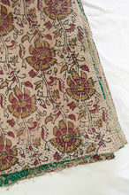 Load image into Gallery viewer, Vintage kantha quilt blockprinted in Bagru print, mustard and vintage red stylised floral print on taupebackground, reverse lantern print on taupe, with emerald green sari border.