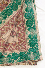 Load image into Gallery viewer, Vintage kantha quilt blockprinted in Bagru print, mustard and vintage red stylised floral print on taupebackground, reverse lantern print on taupe, with emerald green sari border.