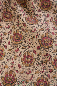Vintage kantha quilt blockprinted in Bagru print, mustard and vintage red stylised floral print on taupebackground, reverse lantern print on taupe, with emerald green sari border..