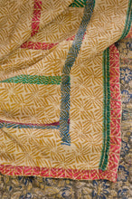 Load image into Gallery viewer, Vintage kantha quilt blockprinted in Bagru print, indigo and lime green floral print on olive green background, reverse lime green geometric print on taupe, with sari embroidery.