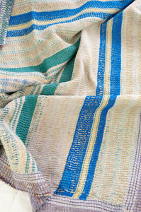 Washed vintage kantha quilt, pastel patched stripes.