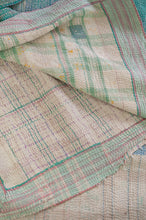 Load image into Gallery viewer, Washed vintage kantha quilt, soft pastel stripes and checks.