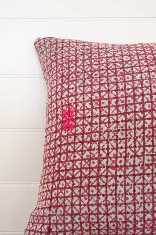Vintage kantha quilt blockprinted square cushion in red and white checks.
